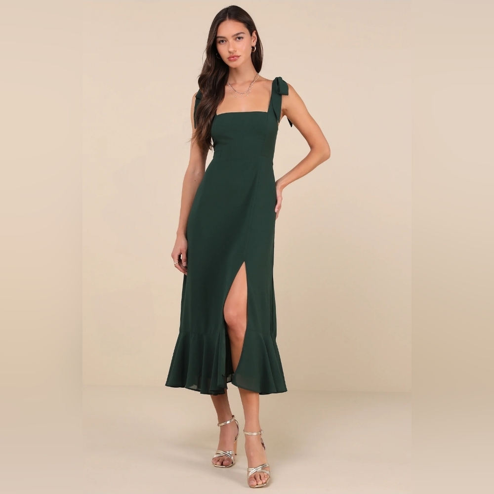 Lulus Summer Invite Emerald Green Tie-Strap Tiered Midi Dress